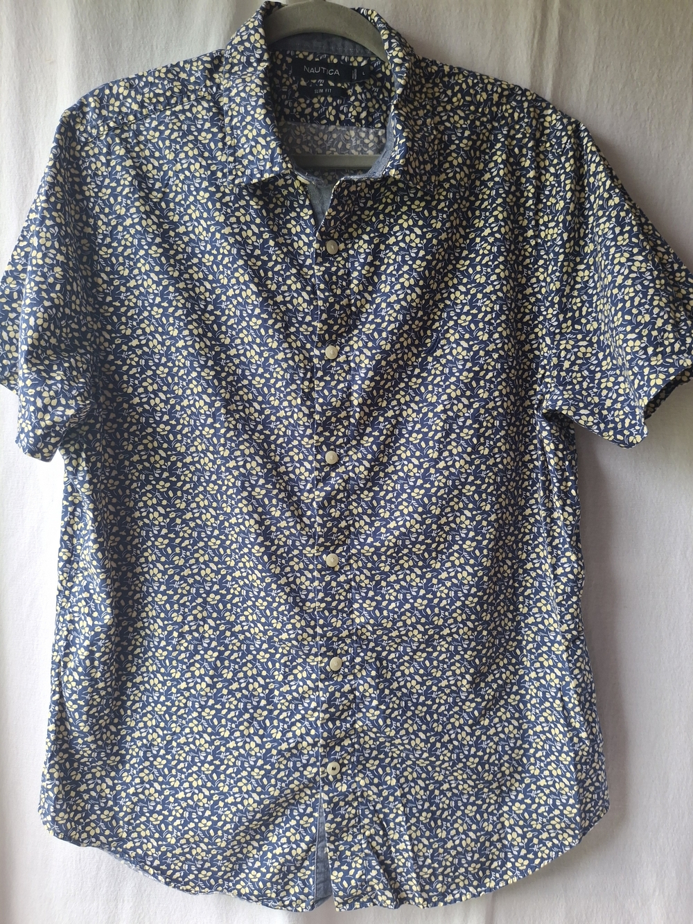 Nautica Men’s Navy Yellow Floral Short-Sleeve Button-Up Shirt